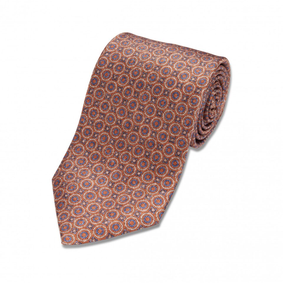 Orange, Blue and Ivory Geometric Silk Necktie