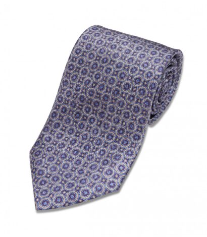 Blue, Purple and Ivory Geometric Silk Necktie