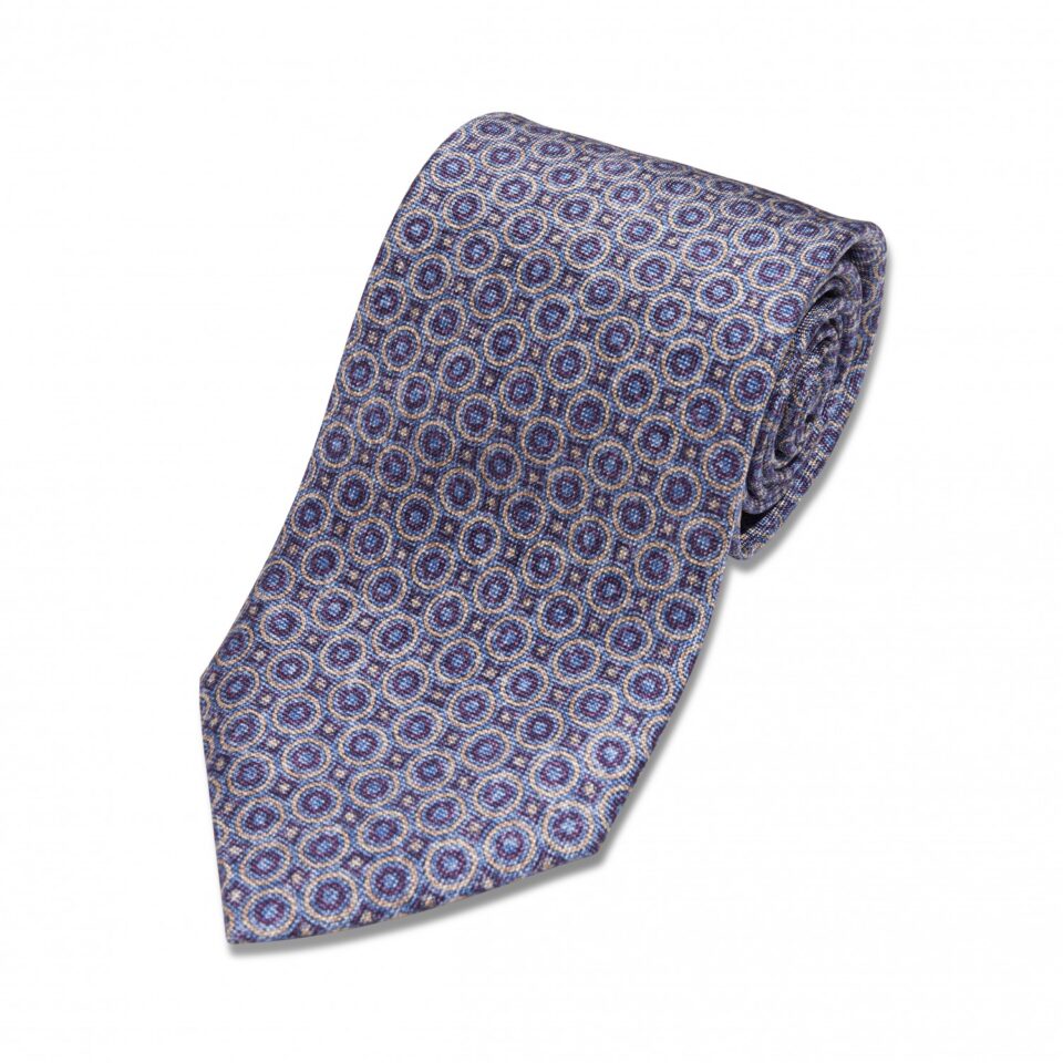 Blue, Purple and Ivory Geometric Silk Necktie
