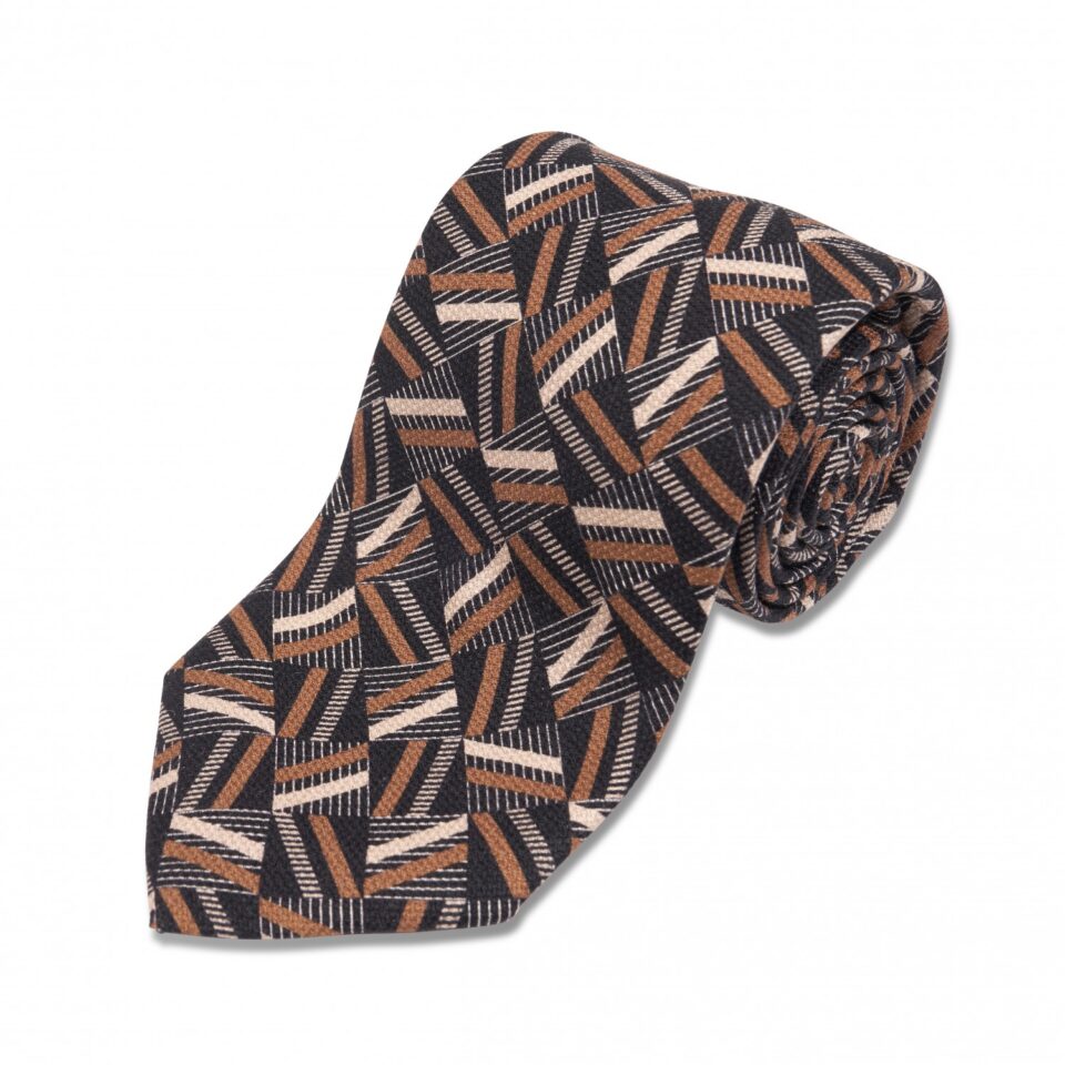 Black, Gold and Ivory Retro Geometric Silk Necktie