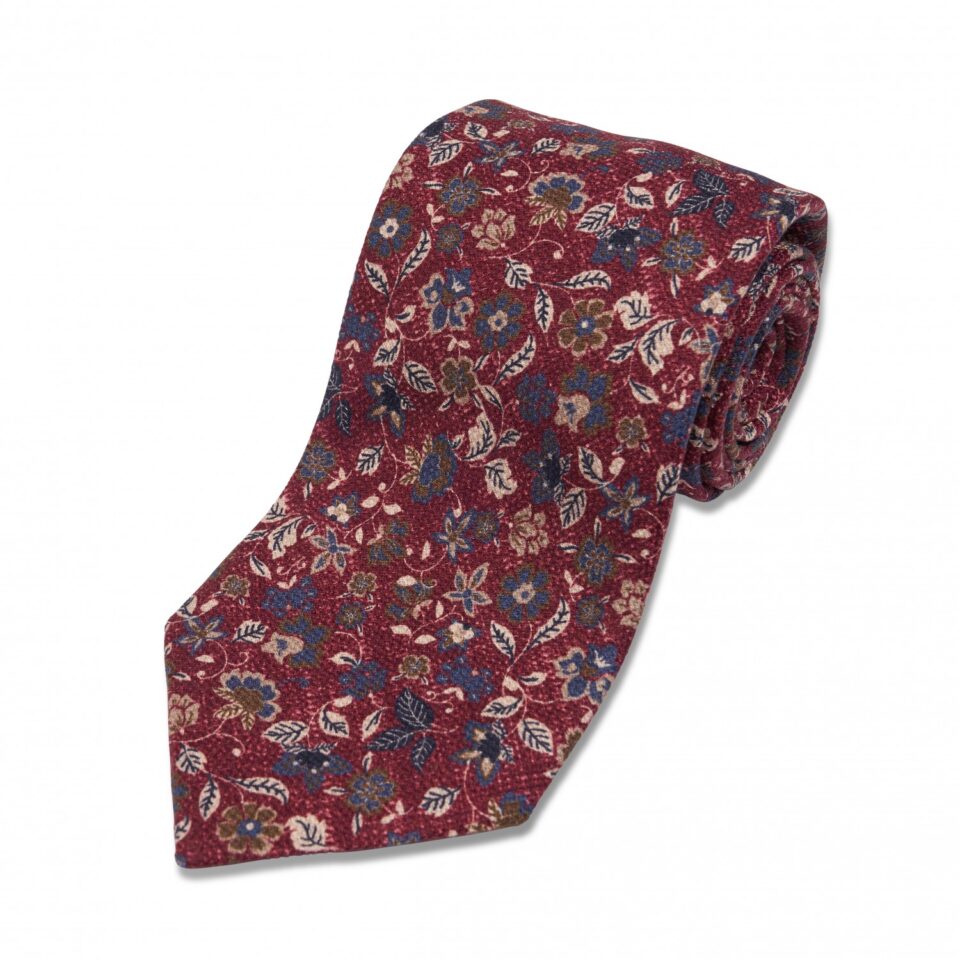 Red with Blue and Green Floral Silk Necktie