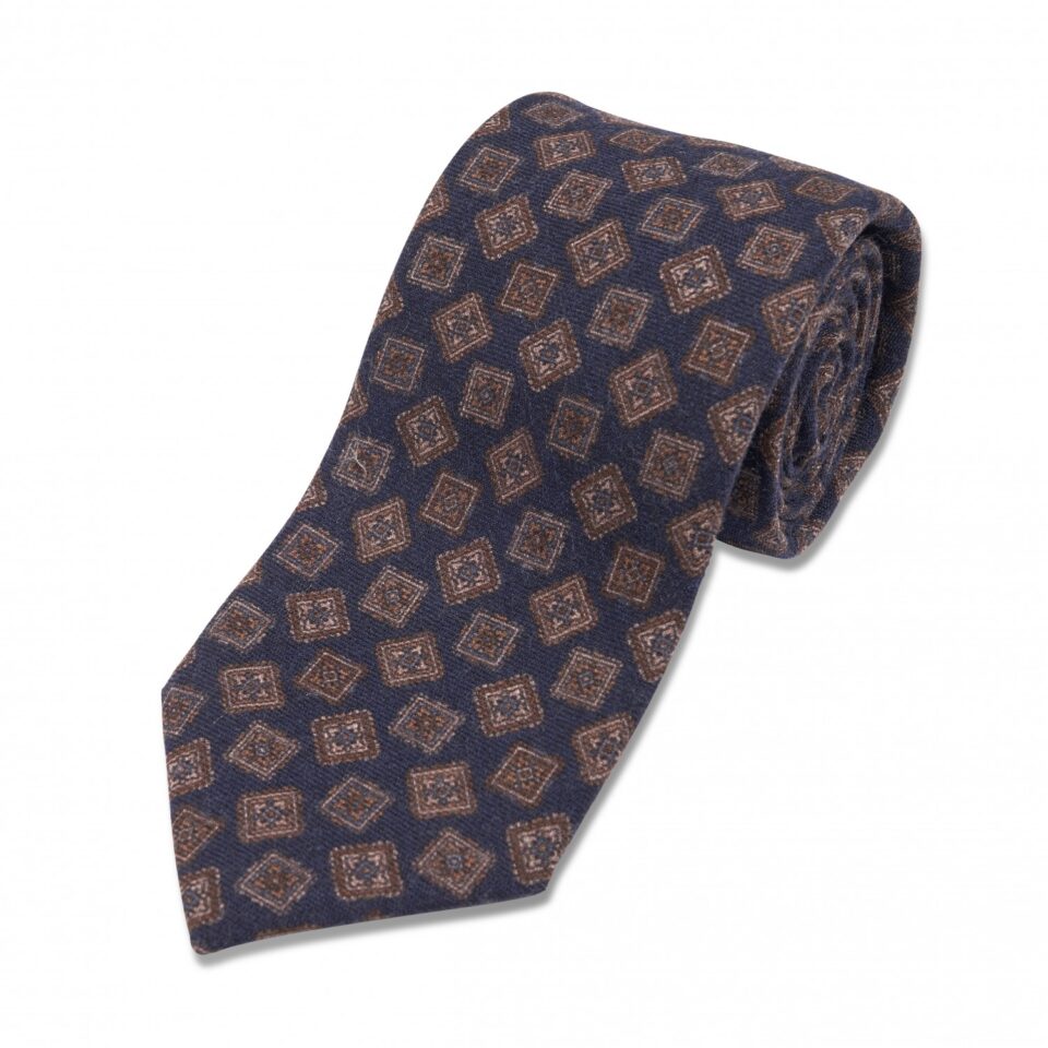 Navy Blue with Brown Large Medallion Wool Necktie