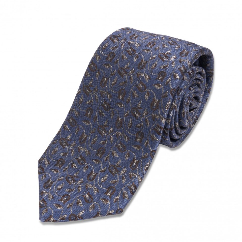 Blue with Dark Brown Floral Silk/Wool Necktie
