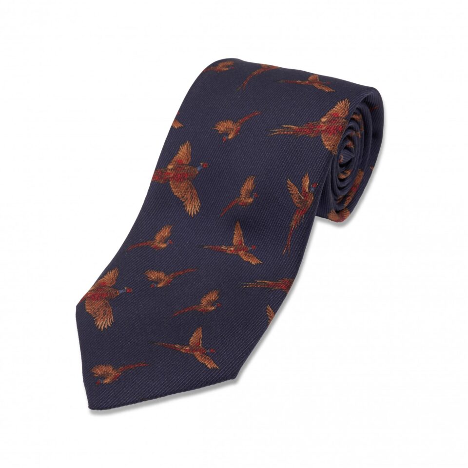 Navy Blue with Red and Tan Birds Silk Necktie