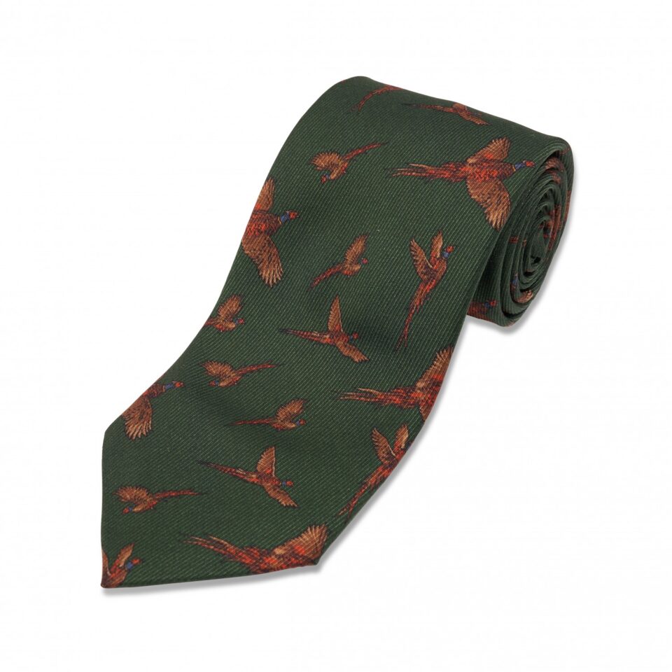 Green with Tan and Red Birds Silk Necktie
