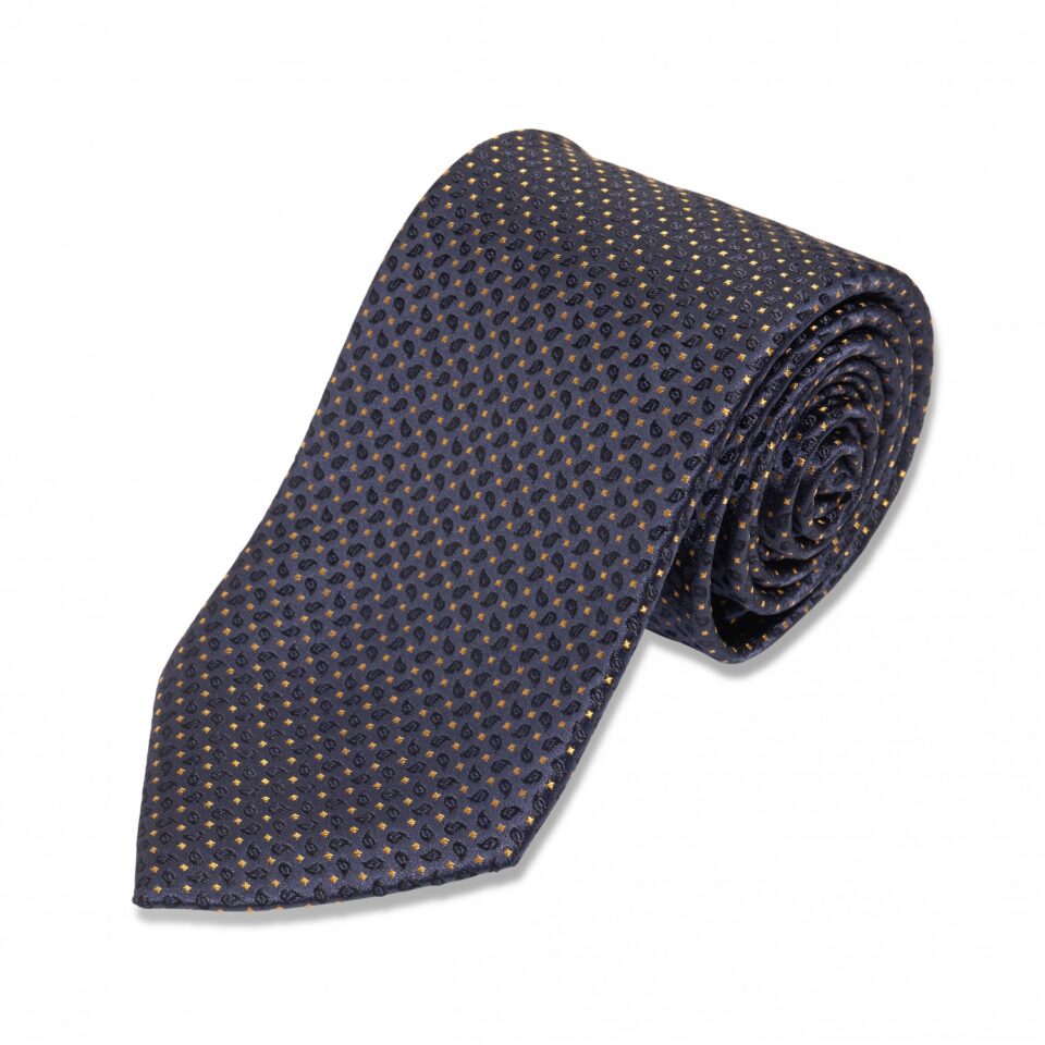 Dark Navy with Gray and Yellow Dots Silk Necktie