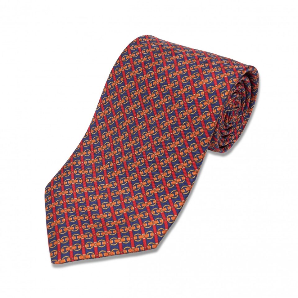 Navy, Red, Orange and Yellow Horse Bit Silk Necktie