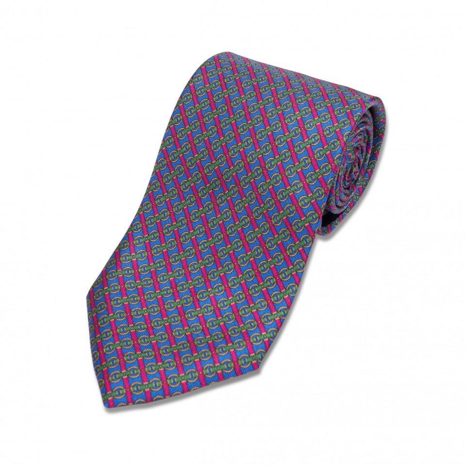 Blue, Pink, Yellow and Green Horsebit Silk Necktie