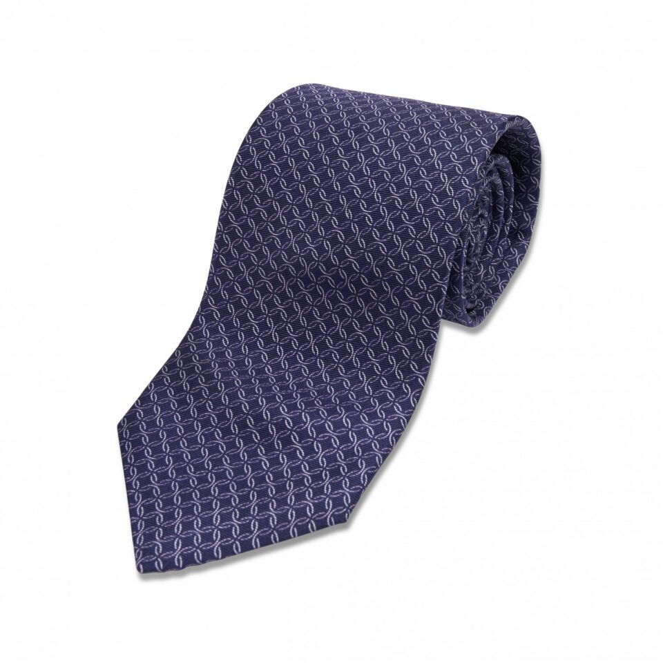 (product) Navy & White Geometric Silk Necktie, rolled