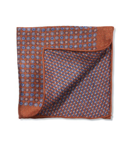 (product) Orange, Blue & Ivory Medallion & Cubes Double Sided Pocket Square, folded - custom suits nyc bespoke tailor midtown, noho