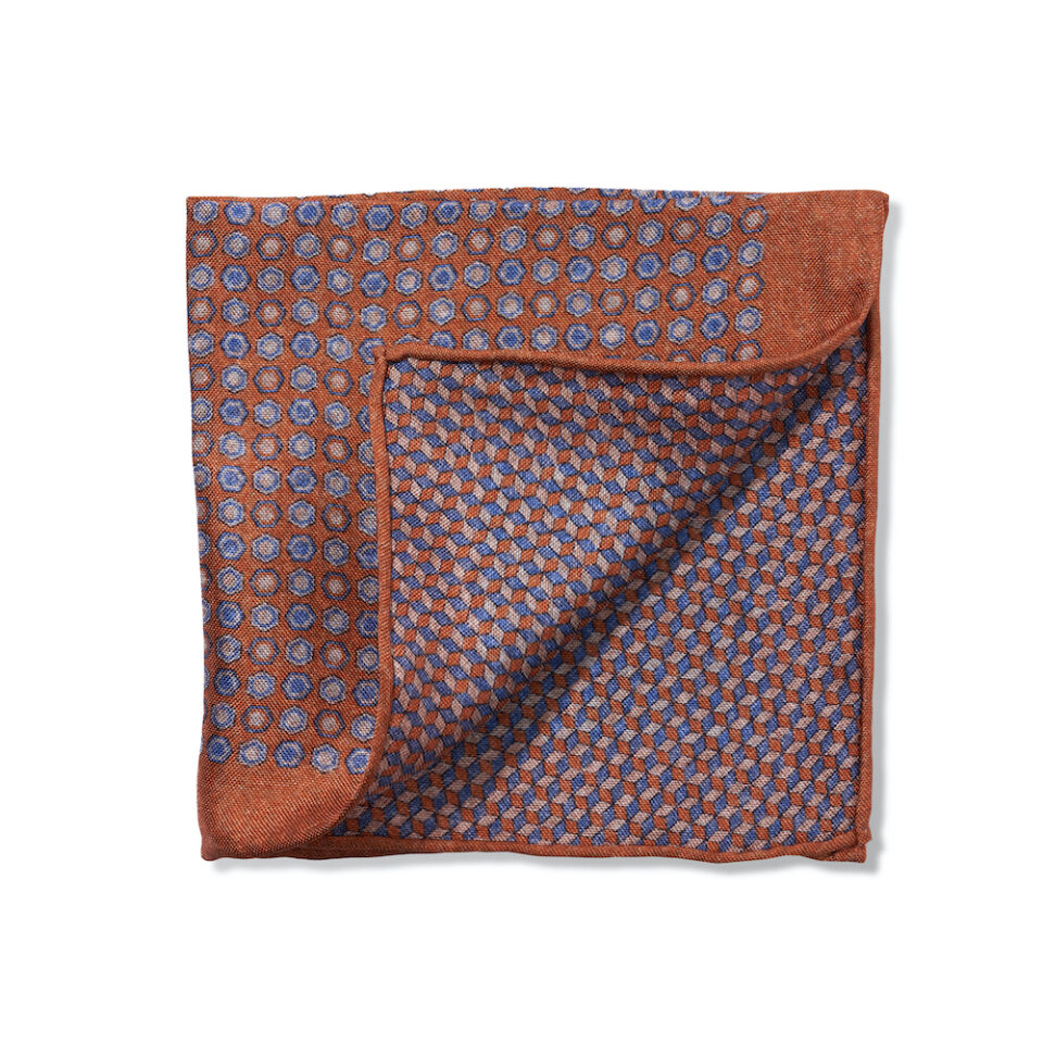 (product) Orange, Blue & Ivory Medallion & Cubes Double Sided Pocket Square, folded