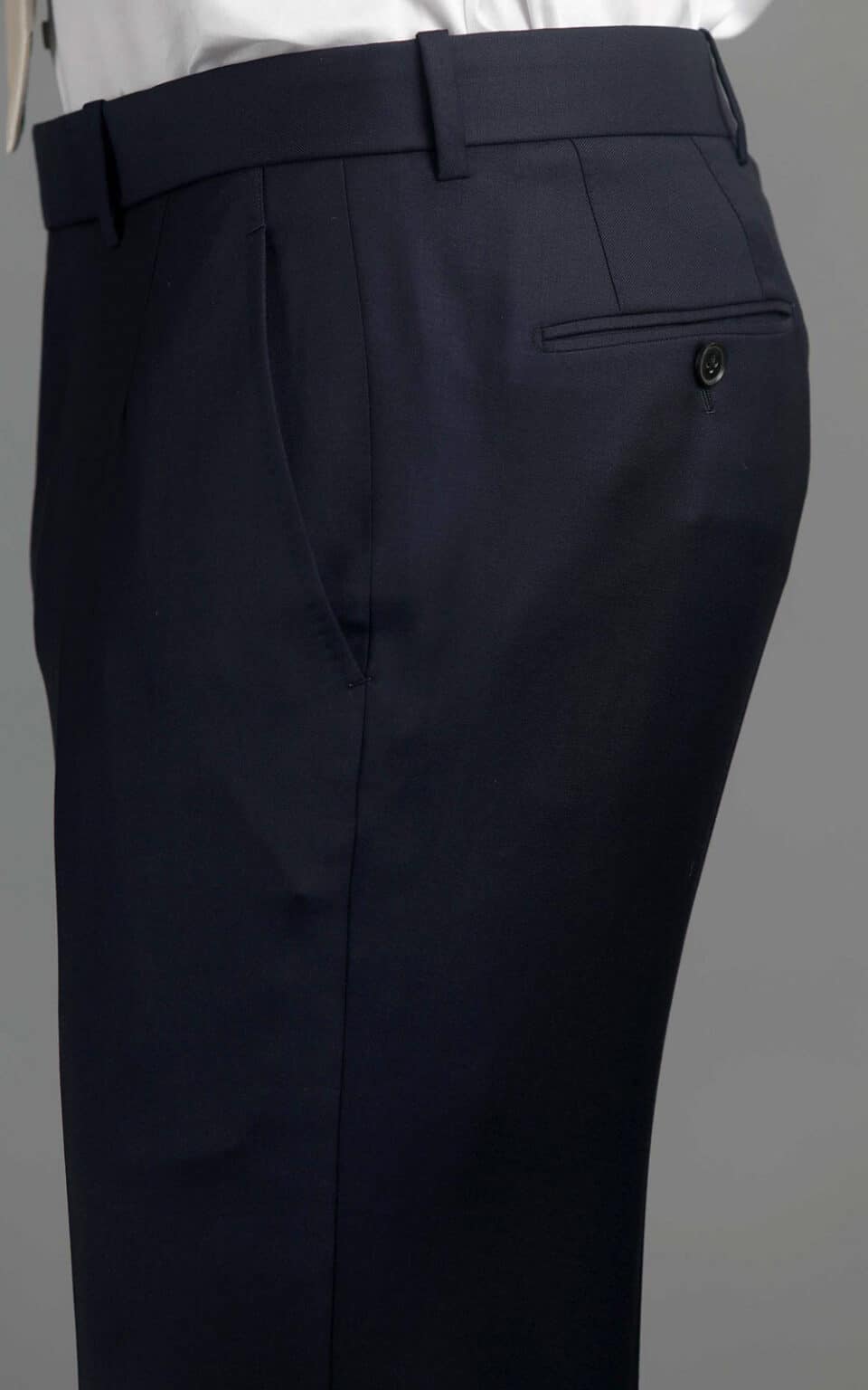 (product) Navy Blue Twill MTM Suit, pants detail, side view