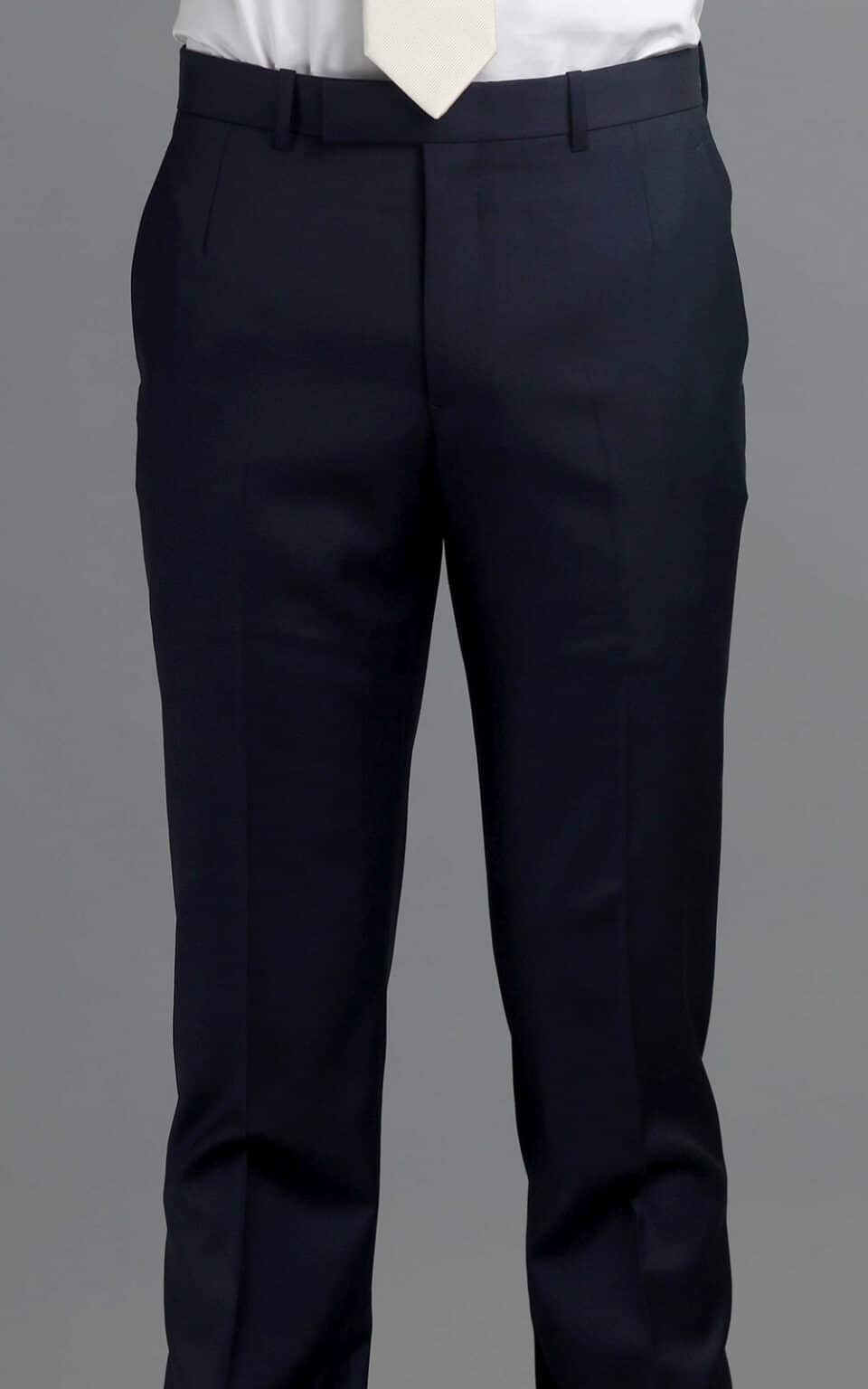(product) Navy Blue Twill MTM Suit, pants detail, front detail