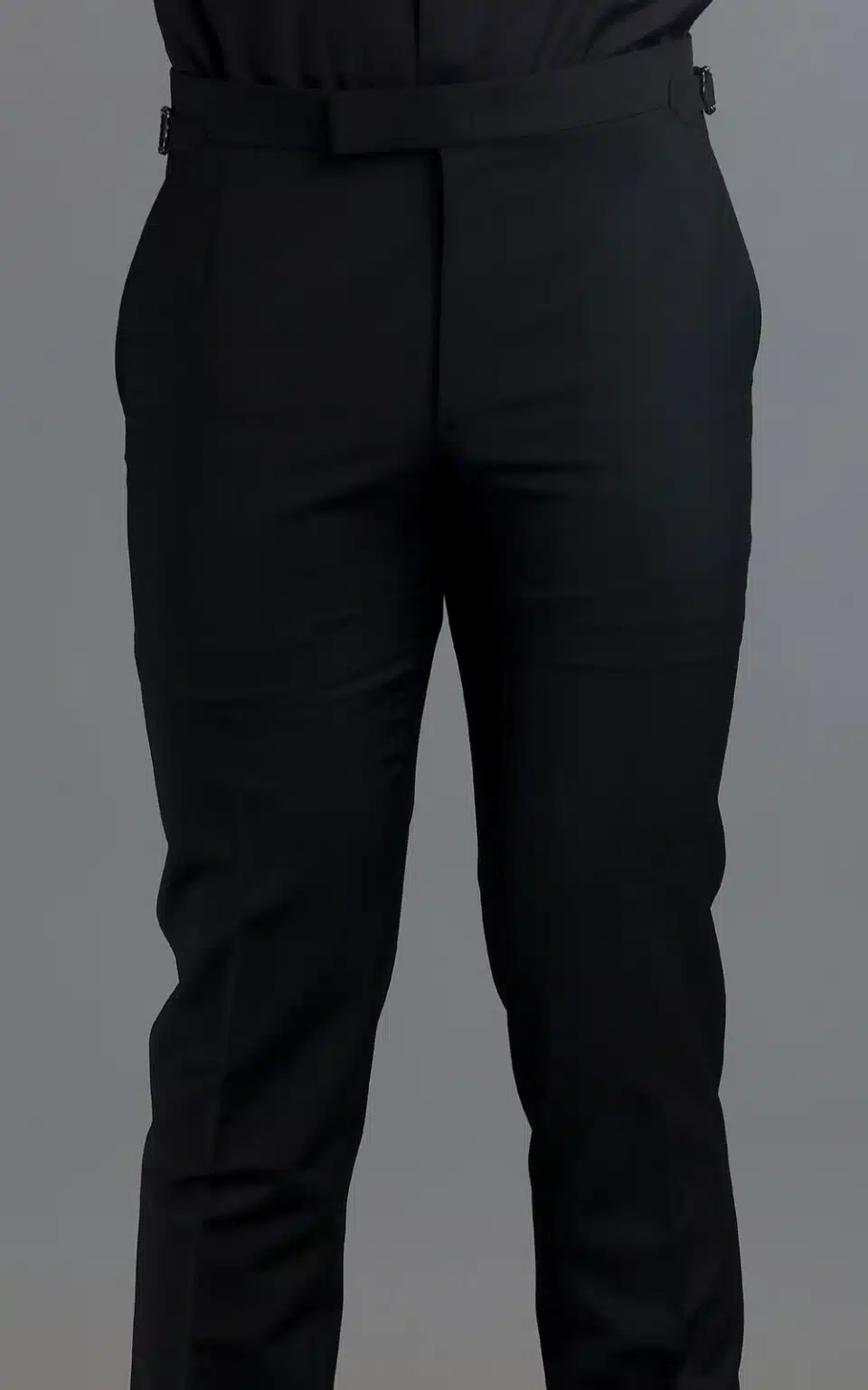 (product) Black Wool/Mohair MTM Suit, pants detail, back view