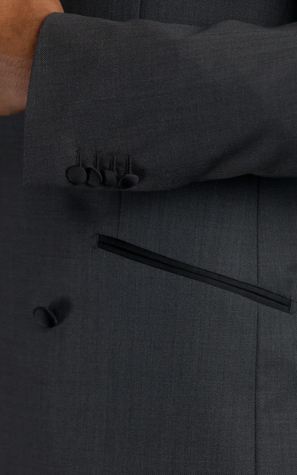 (product) Grey Double-Breasted Wool MTM Tuxedo with Contrast Black Satin Trim, cuff detail