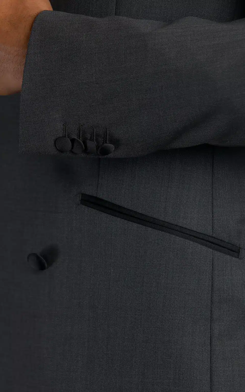(product) Grey Double-Breasted Wool MTM Tuxedo with Contrast Black Satin Trim, cuff detail