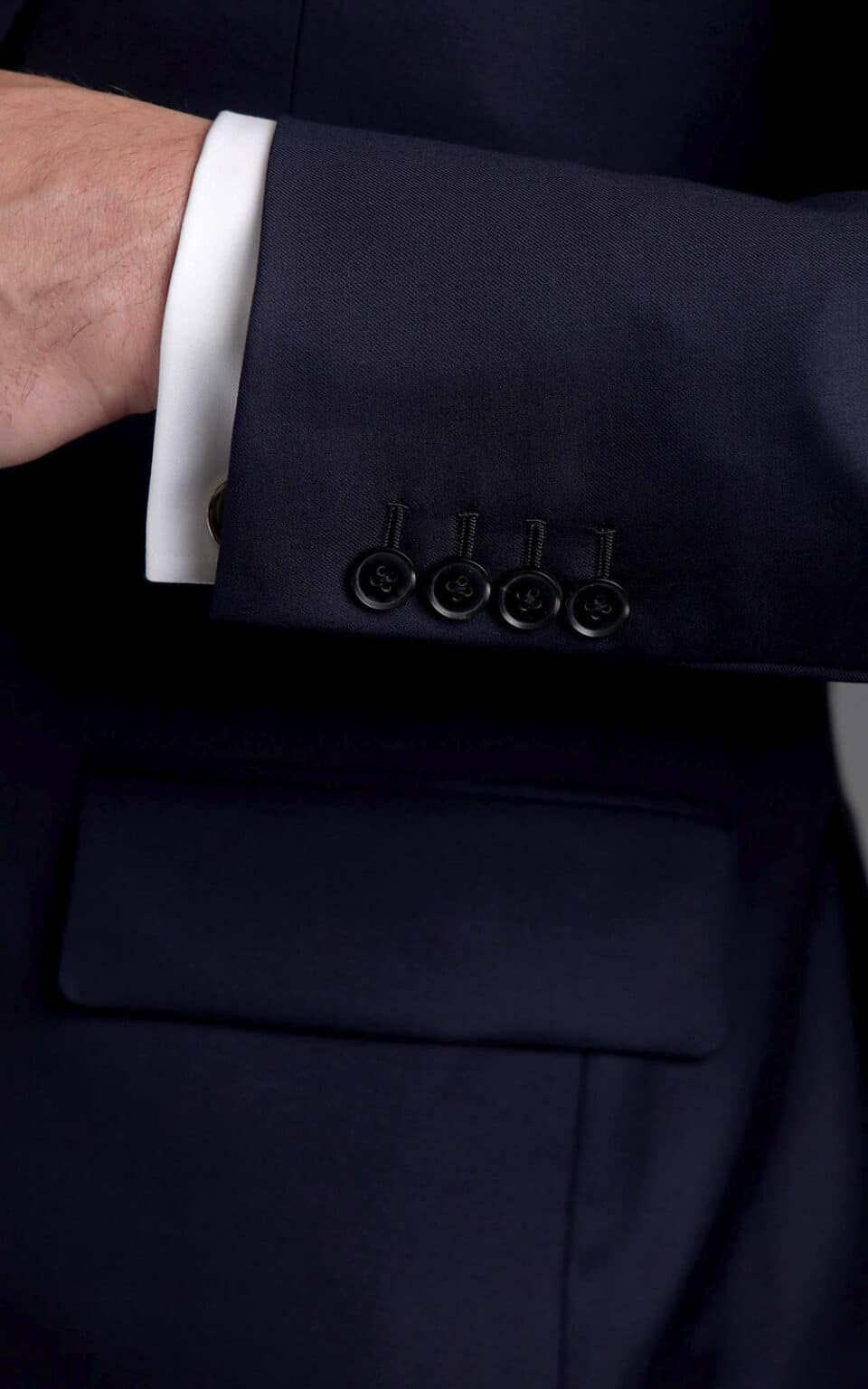 (product) Navy Blue Twill MTM Suit, cuff detail