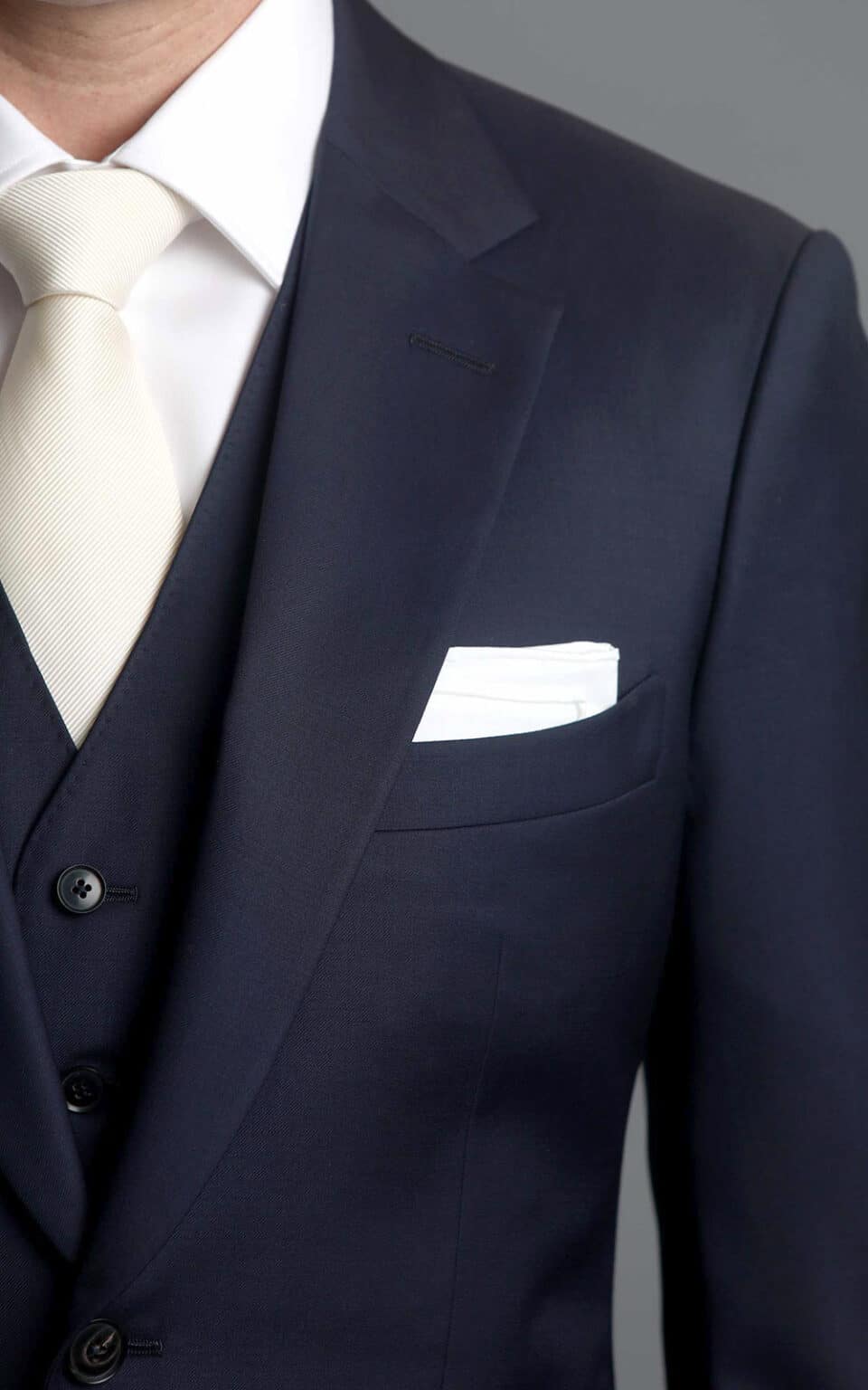 (product) Navy Blue Twill MTM Suit, lapel detail