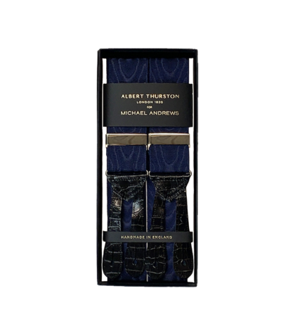 (product) Navy Moire Suspenders w Croc Embossed Ends