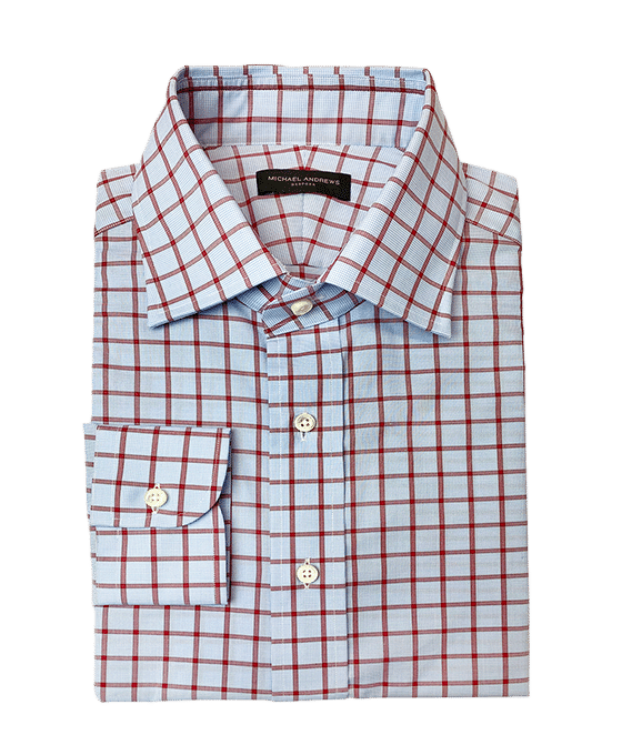 (product) Light Blue and Red Check Easy Care Poplin Dress Shirt