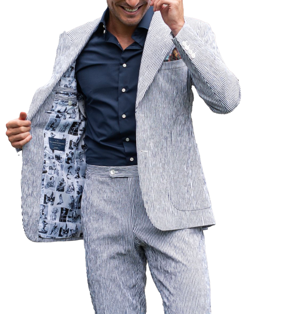 (product) Navy White Irregular Stripe Seersucker Suit