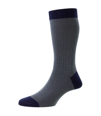 (product) Pantherella Fabian Herringbone Mid Calf Cotton Socks - Ocean Blue