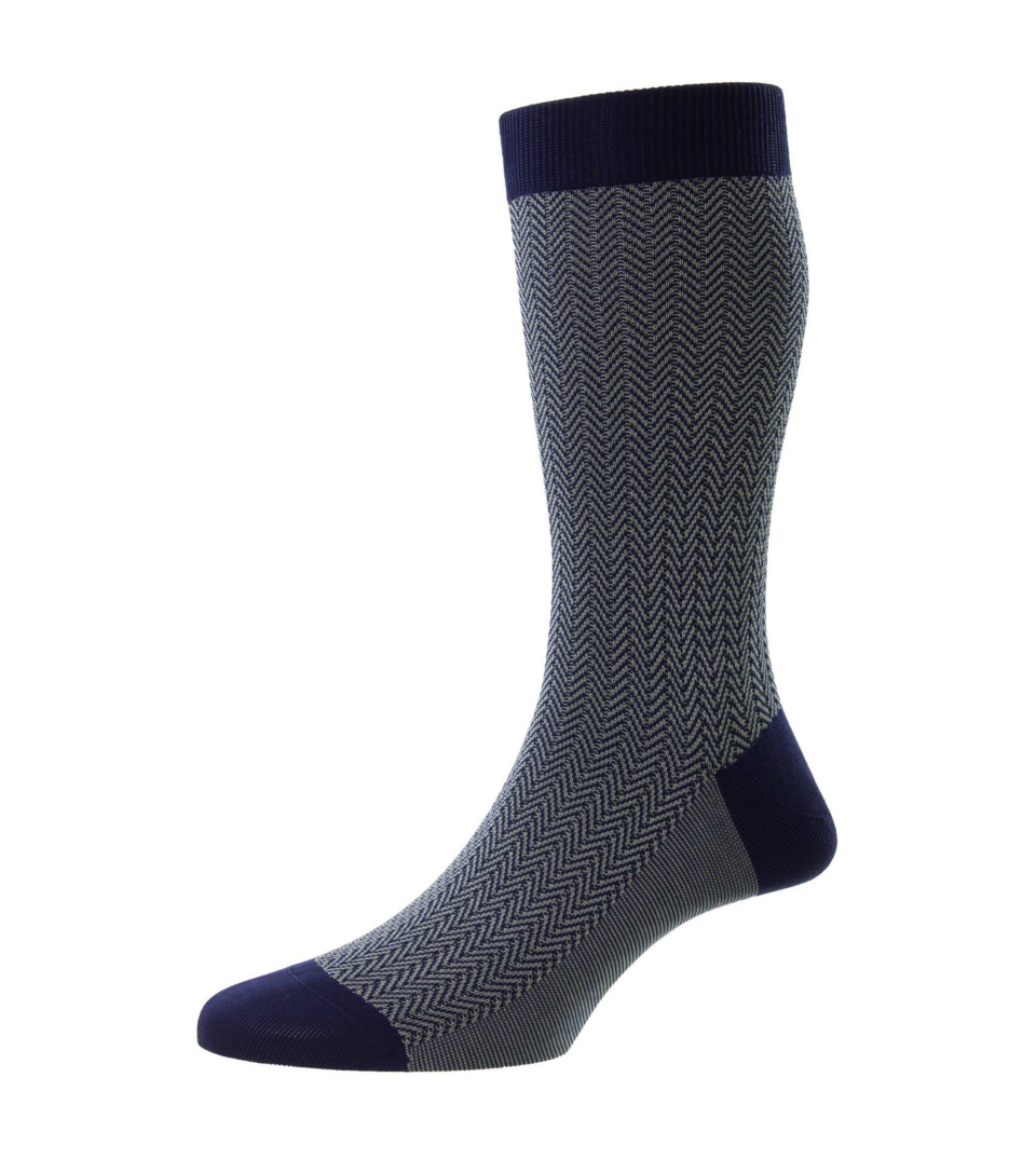 (product) Pantherella Fabian Herringbone Mid Calf Cotton Socks - Ocean Blue