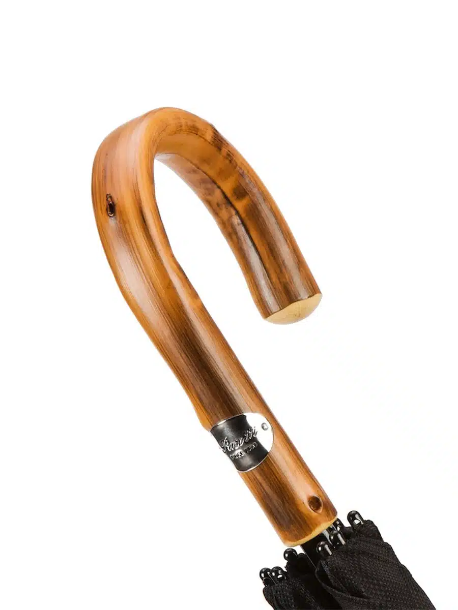 (product) Black Patterned Umbrella with Chestnut Handle, Handle detail