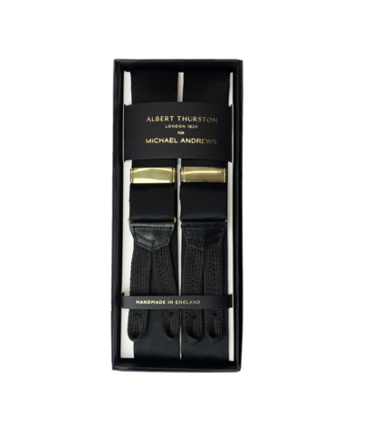 (product) Black Silk Suspenders w Gold Hardware
