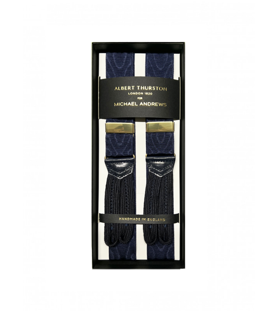(product) Navy 32mm Moire Suspenders w Gold Hardware