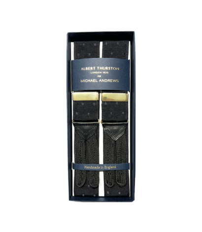 Albert Thurston Black Mono Dot Suspenders w Gold Hardware