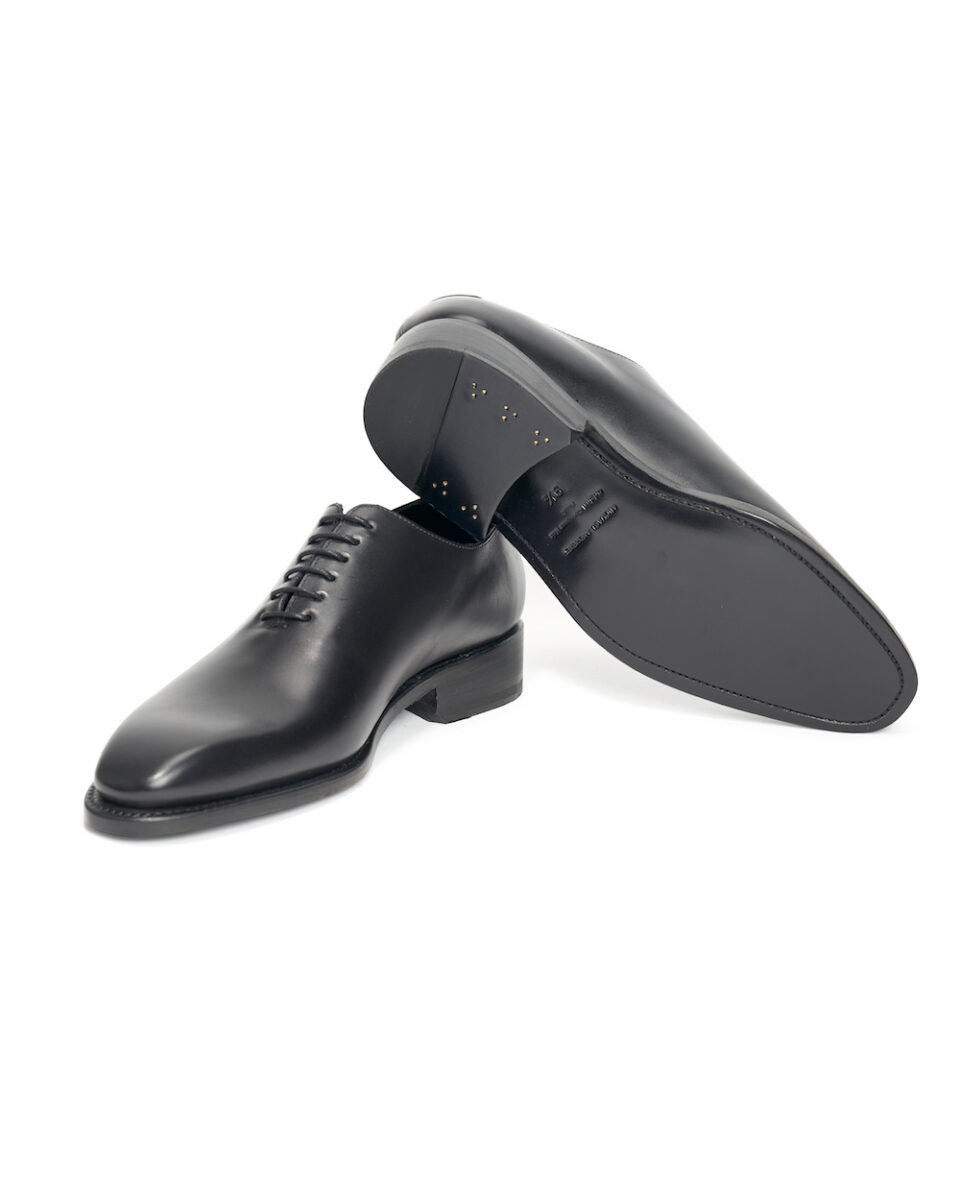 (product) Black Box Calf Whole Cut Lace-Up, Angled pair view