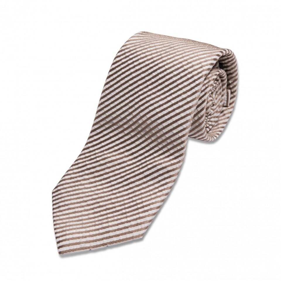 (product) Tan & White Stripe Silk Necktie, Rolled