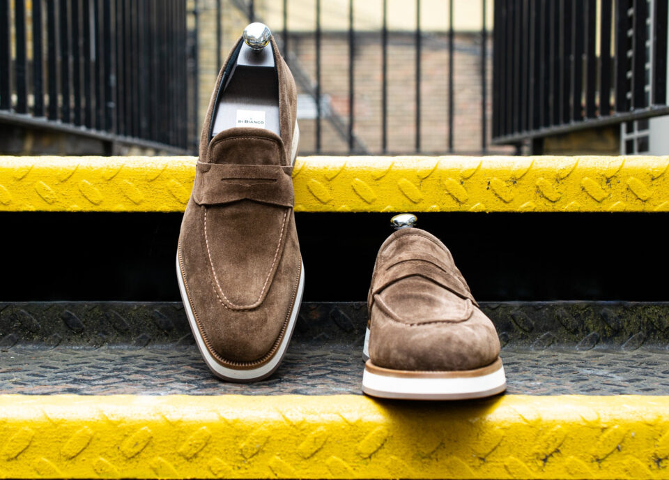 (product) Brera Classic Suede Tundra Loafer, Front view of the pair