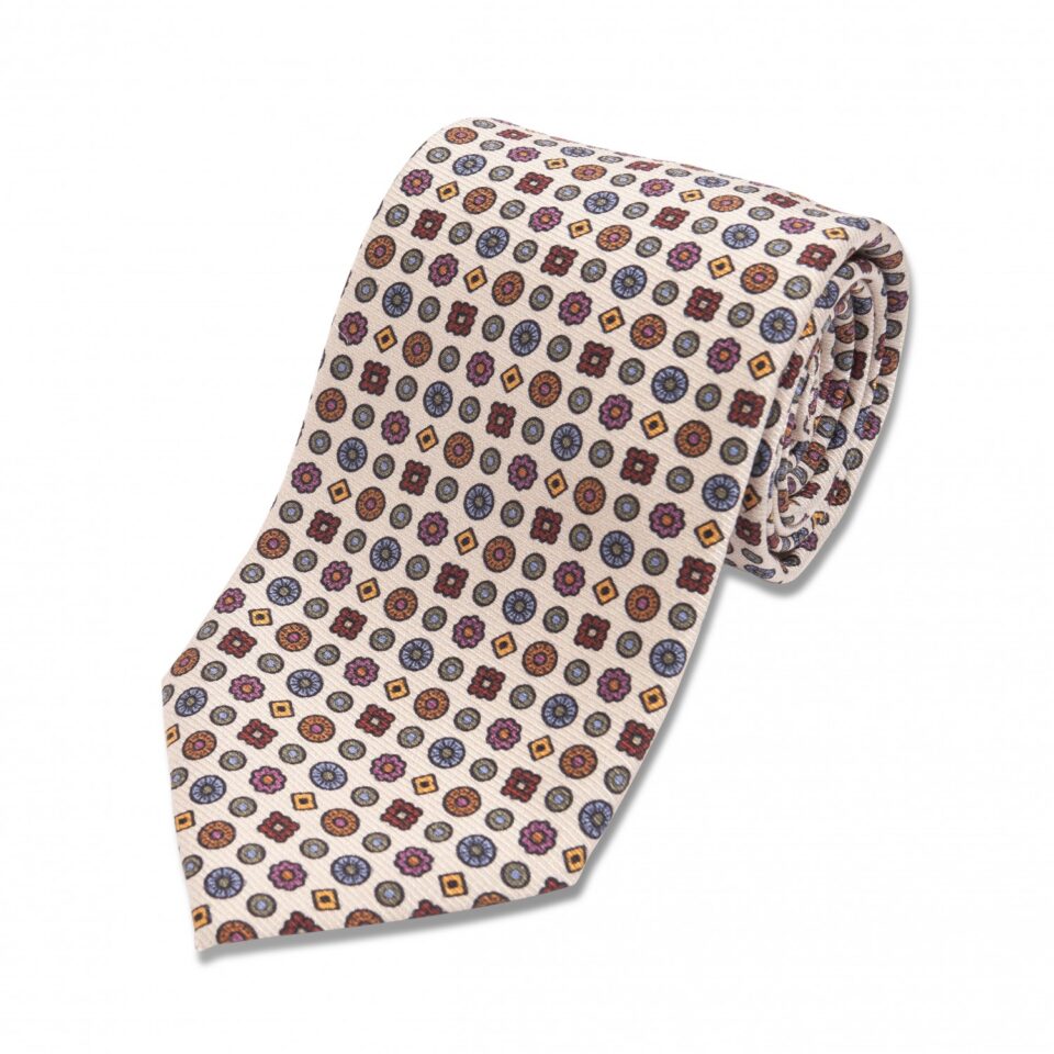 (product) Ivory with Blue, Orange, Green Small Medallion Silk Necktie, Rolled
