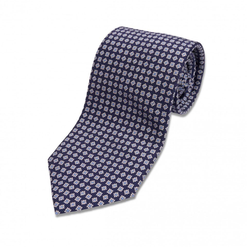 (product) Navy with Red & White Medallion Silk Necktie, Rolled