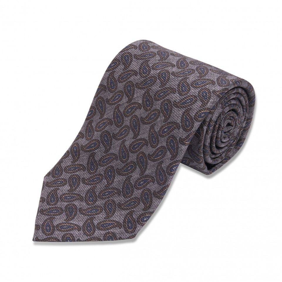 (product) Grey with Blue & Brown Paisley Silk Necktie, Rolled