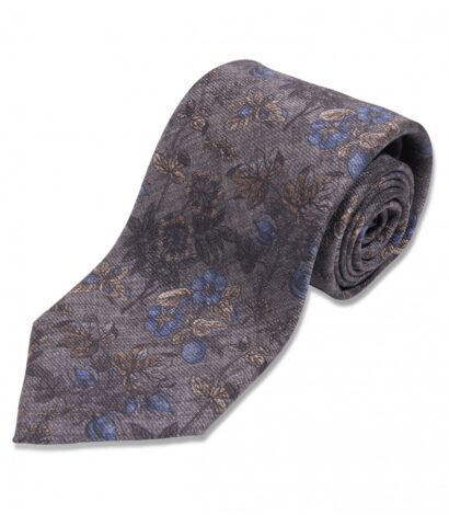 (product) Grey with Blue & Brown Floral Silk Necktie, Rolled