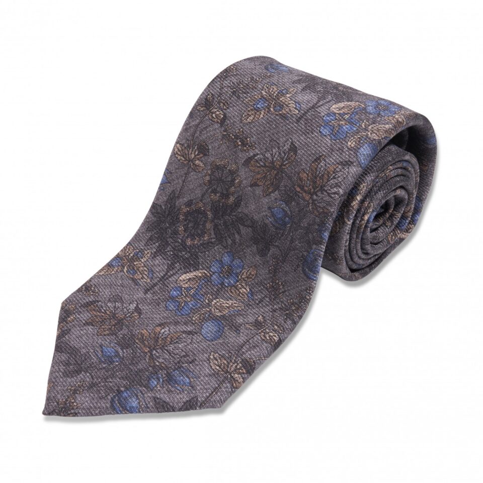(product) Grey with Blue & Brown Floral Silk Necktie, Rolled