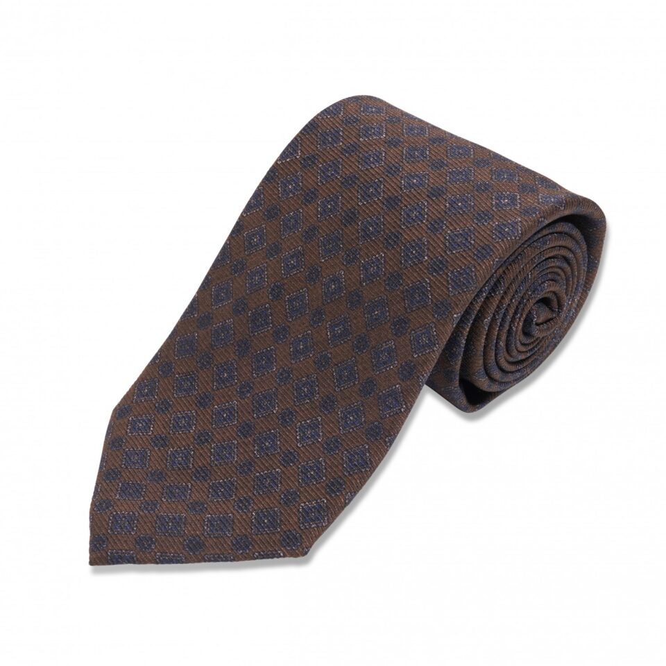 (product) Brown with Blue Medallion Silk Necktie, Rolled