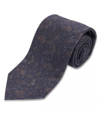 (product) Navy with Brown Floral Silk Necktie, Rolled