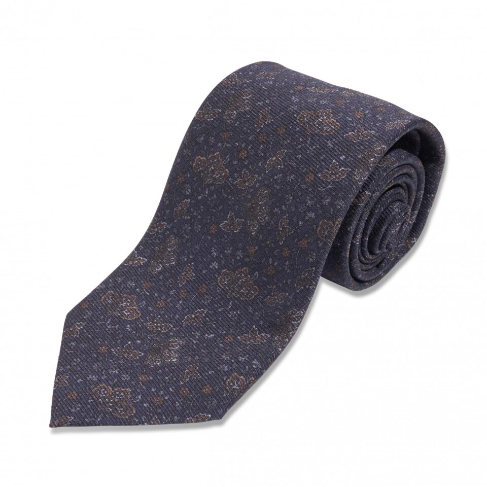 (product) Navy with Brown Floral Silk Necktie, Rolled