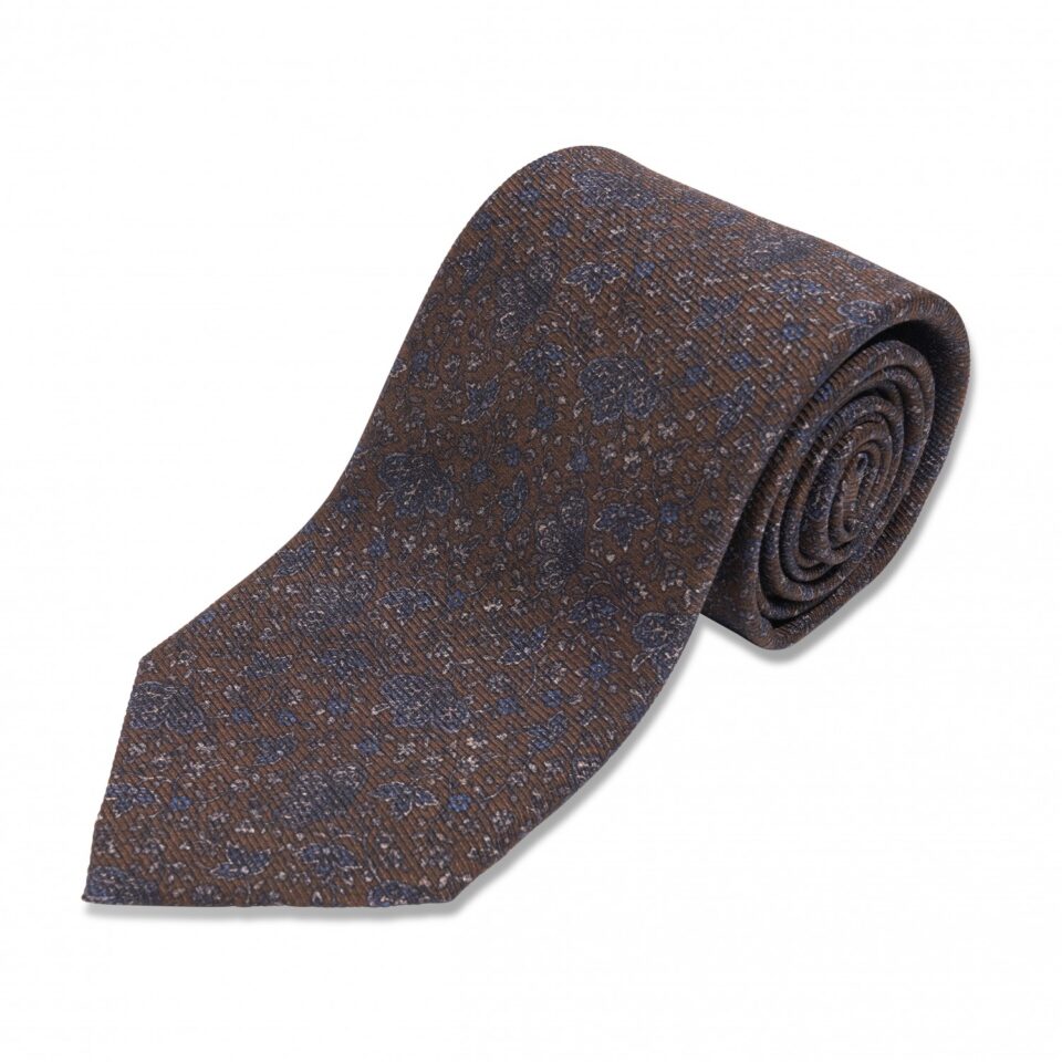 (product) Brown with Blue Floral Silk Necktie, Rolled