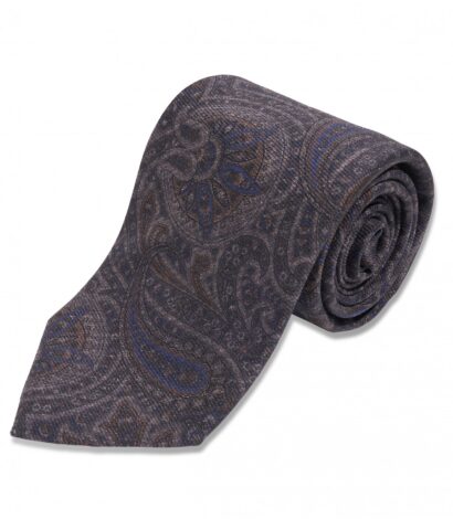 (product) Grey with Blue & Brown Paisley Silk Necktie, Rolled