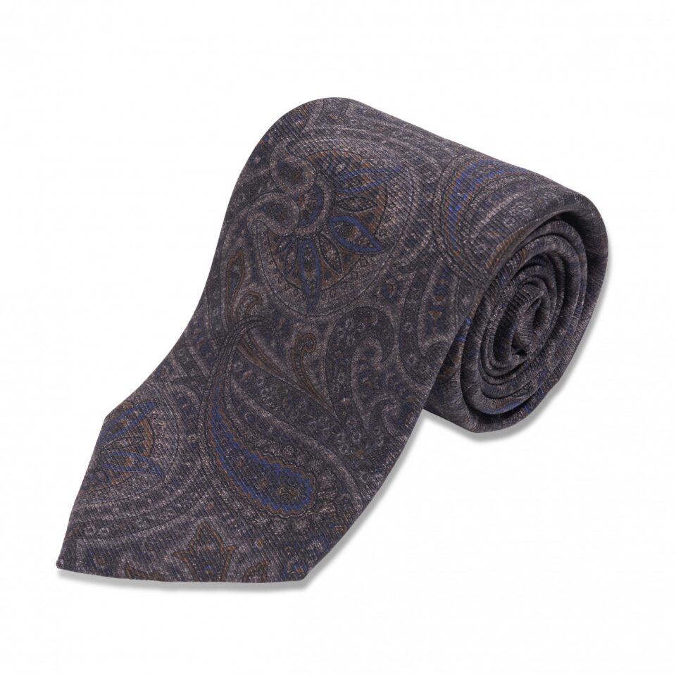 (product) Grey with Blue & Brown Paisley Silk Necktie, Rolled