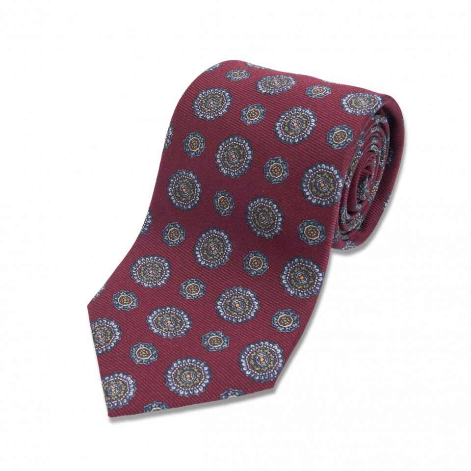 (product) Blue Green, Yellow Medallion Silk Necktie, Rolled