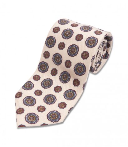 (product) Ivory with Blue, Orange, Green Large Medallion Silk Necktie, Rolled