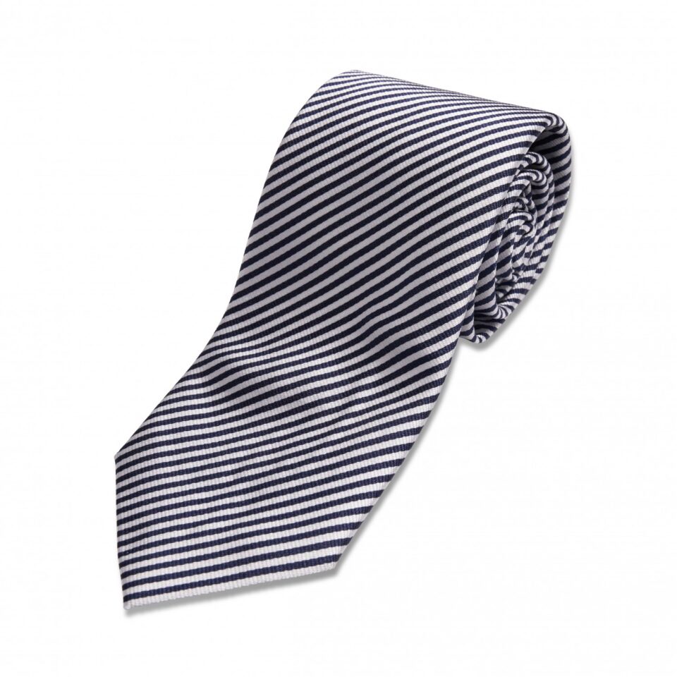 (product) Blue & White Stripe Silk Necktie, Rolled