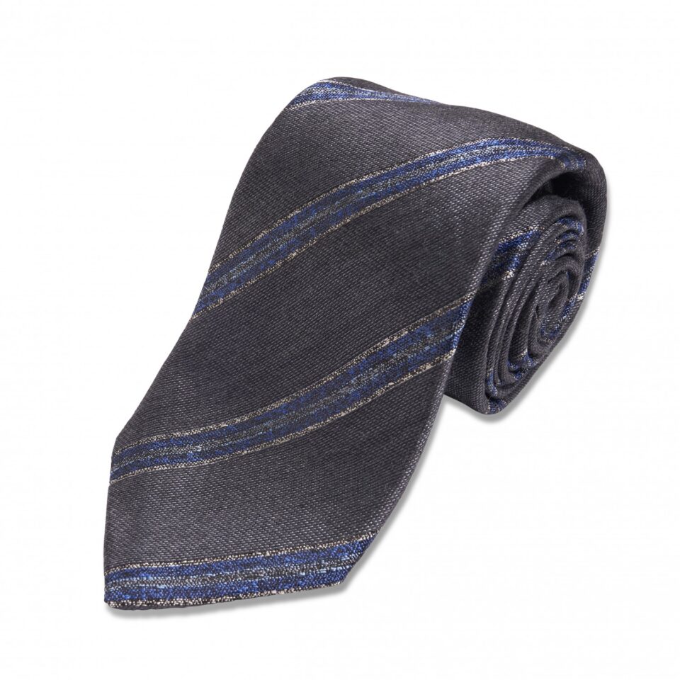(product) Grey with Blue Stripe Silk/Wool Necktie, Rolled view