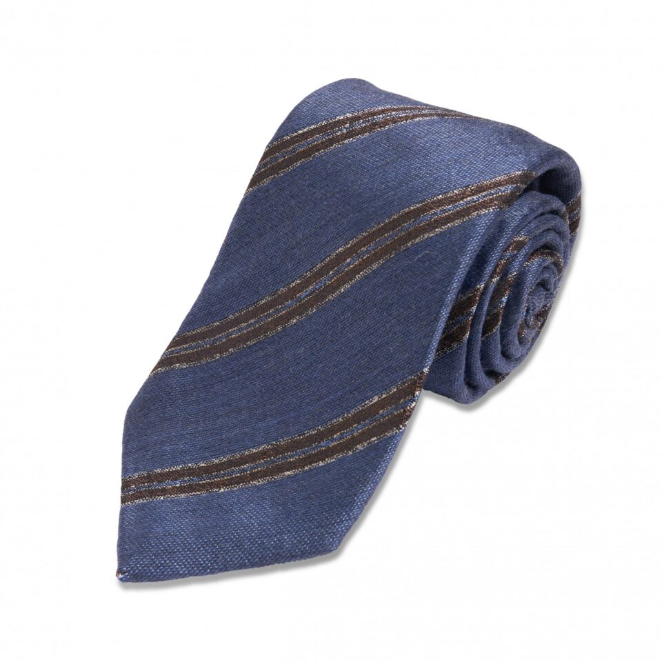 (product) Blue with Brown Stripe Silk/Wool Necktie, Rolled view